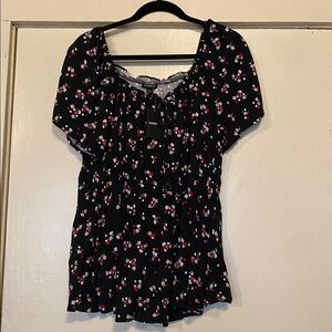 Torrid Black Top with Red and White Floral Design